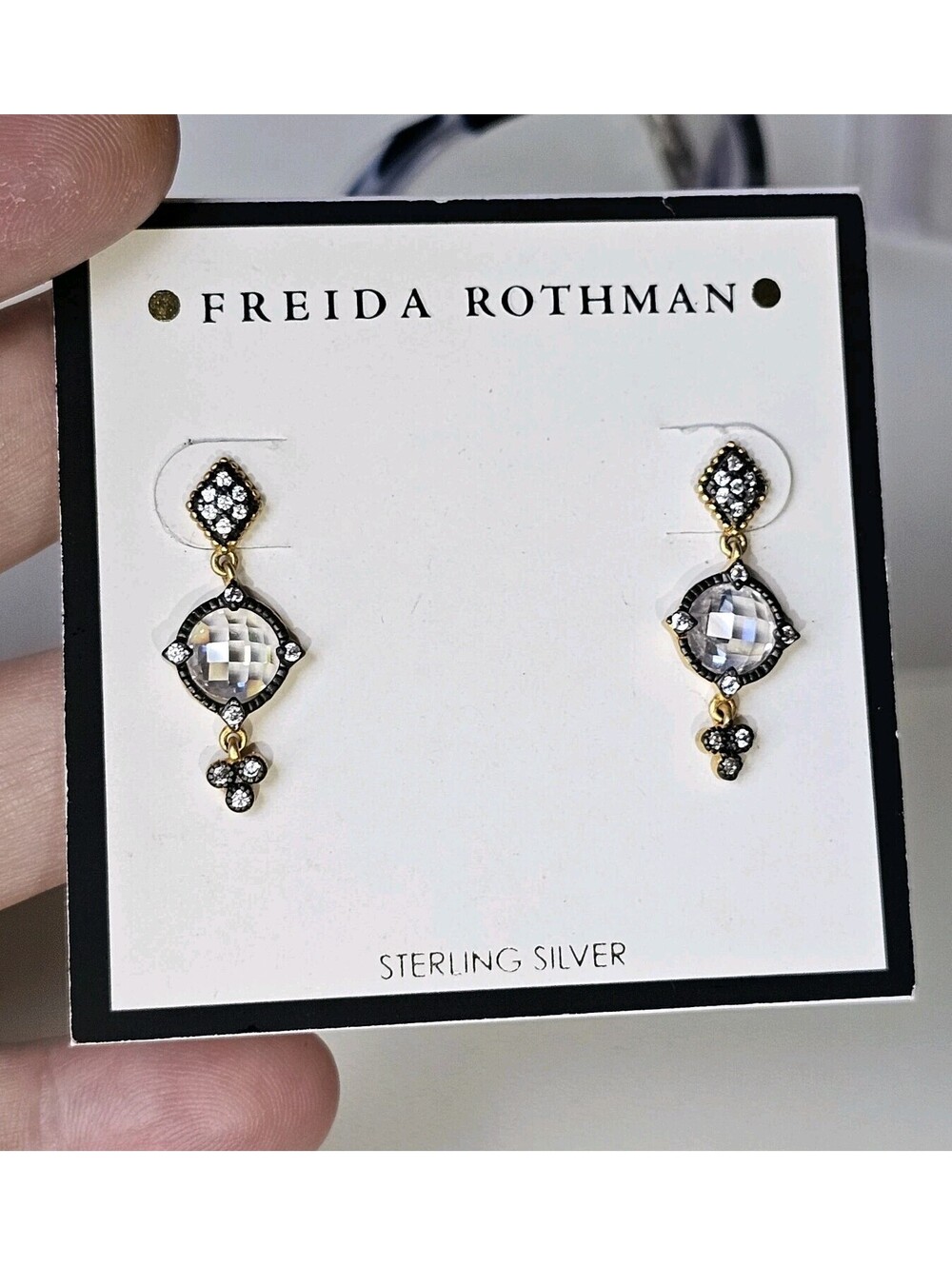 Freida Rothman Black Gold 925 Silver Signature Mirror Stone Drop Earrings - Picture 5 of 8